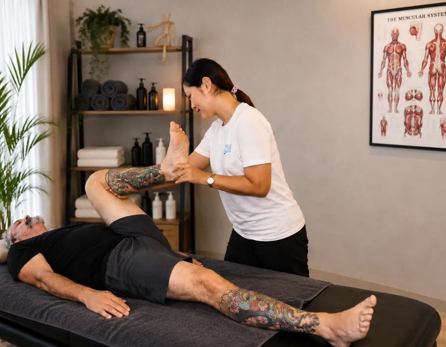 Sports massage on the leg at Body Tune Up, Bophut
