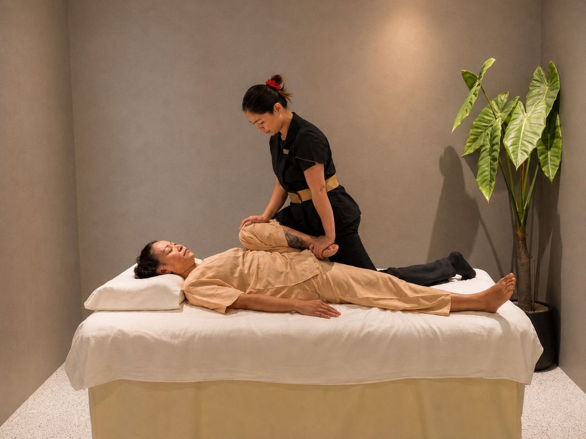 Traditional Thai massage stretch at Body Tune Up, Bophut